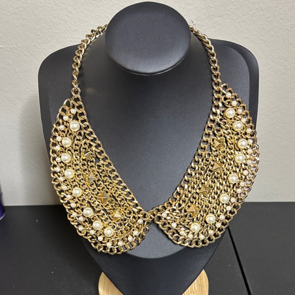 Zara Gold Tone Collar Pearl Stud Chain Net Pussybow Necklace Statement